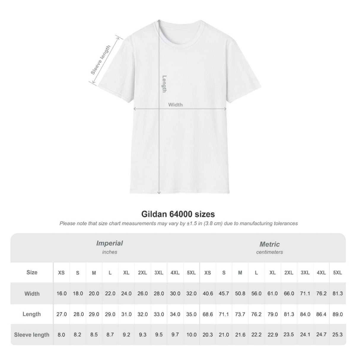 Gildan 64000 T-shirt size chart in inches and centimetres, sizes XS to 5XL