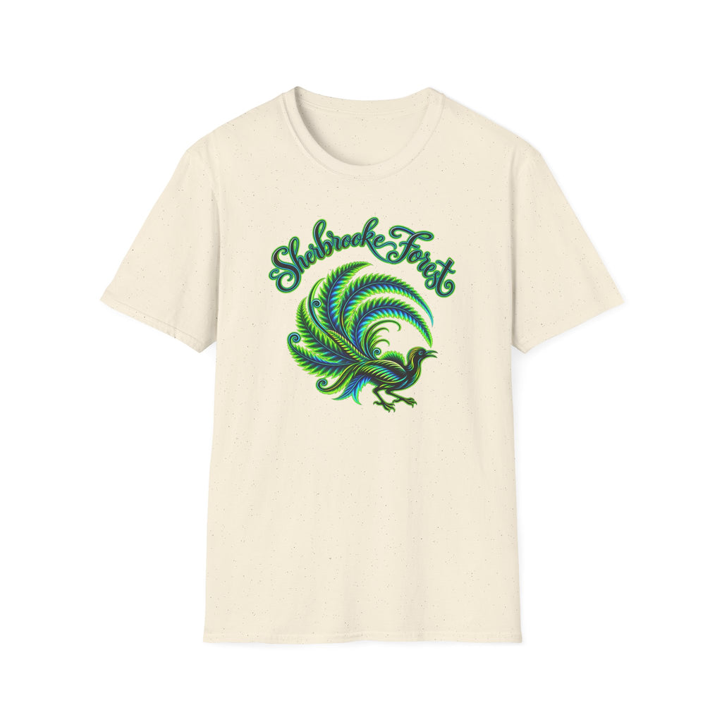 Sherbrooke Forest neon green and blue Lyrebird Unisex Softstyle T-Shirt