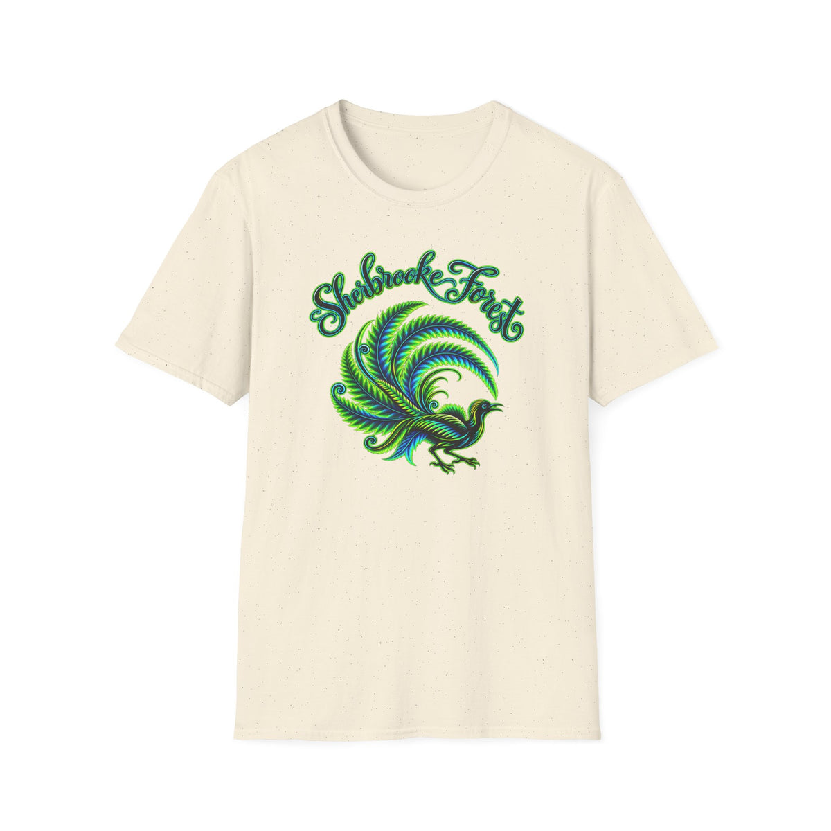 Sherbrooke Forest neon green and blue Lyrebird Unisex Softstyle T-Shirt