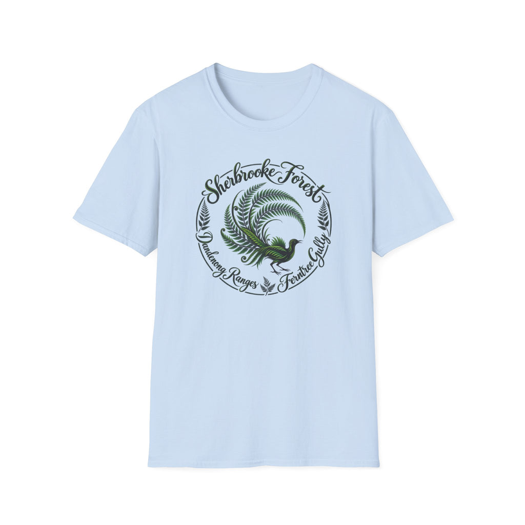 Sherbrooke Forest - Dandenong Rages - Ferntree Gully. Main feature Lyrebird Unisex Softstyle T-Shirt