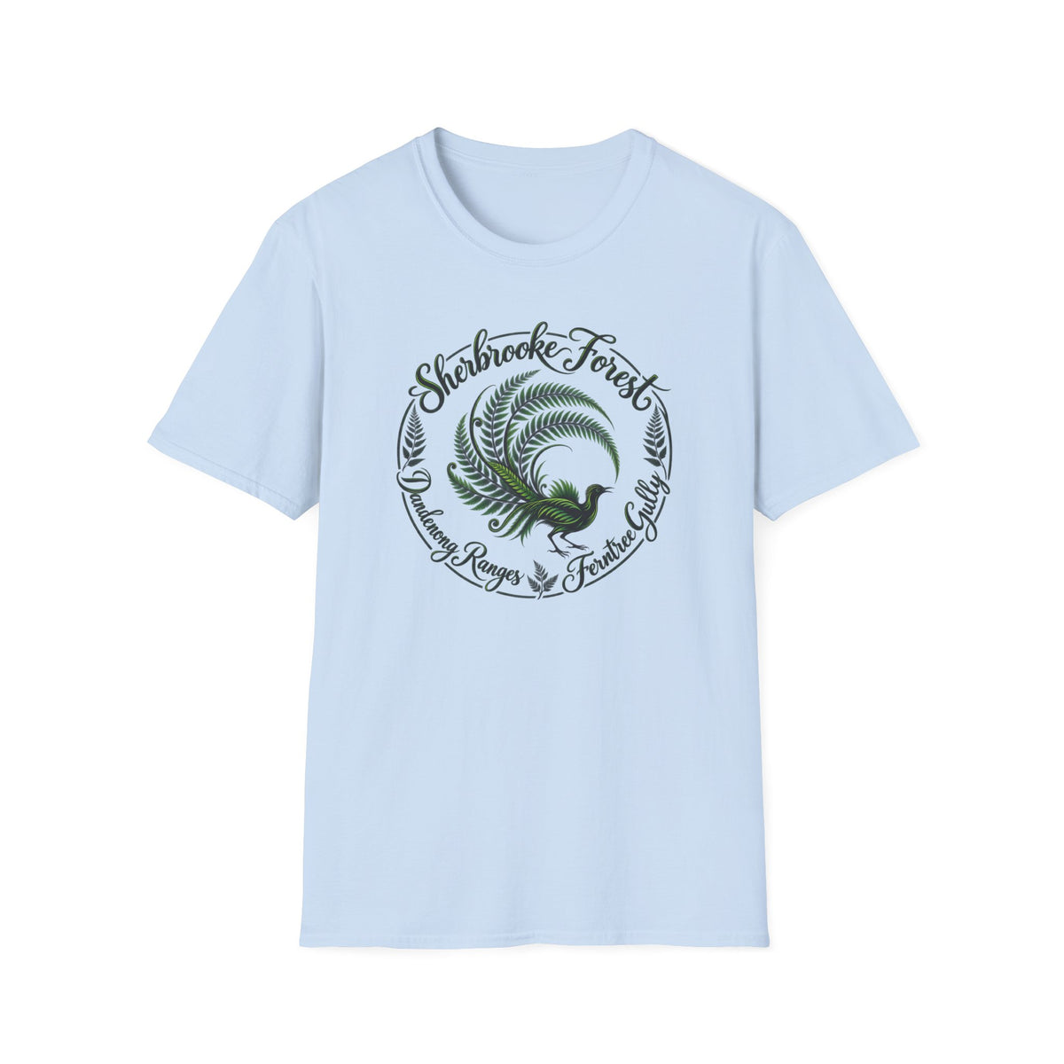 Sherbrooke Forest - Dandenong Rages - Ferntree Gully. Main feature Lyrebird Unisex Softstyle T-Shirt