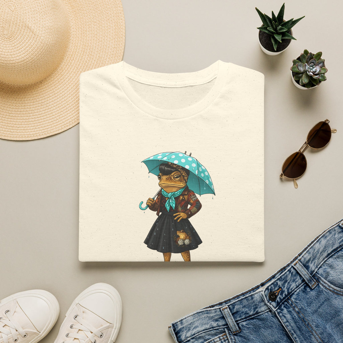 Rockabilly Toad lady, skirt and scarf with blue, white Polka dot umberella Unisex Softstyle T-Shirt