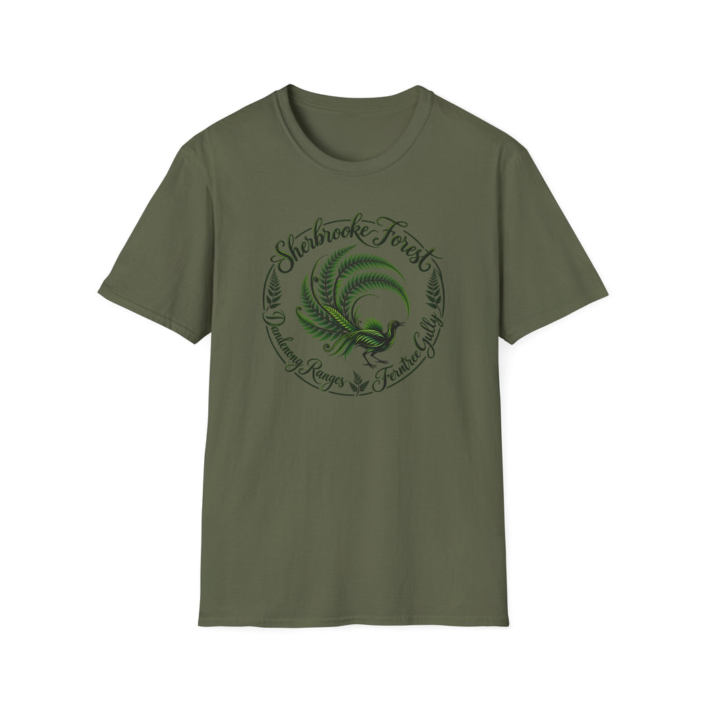 Sherbrooke Forest - Dandenong Rages - Ferntree Gully. Main feature Lyrebird Unisex Softstyle T-Shirt