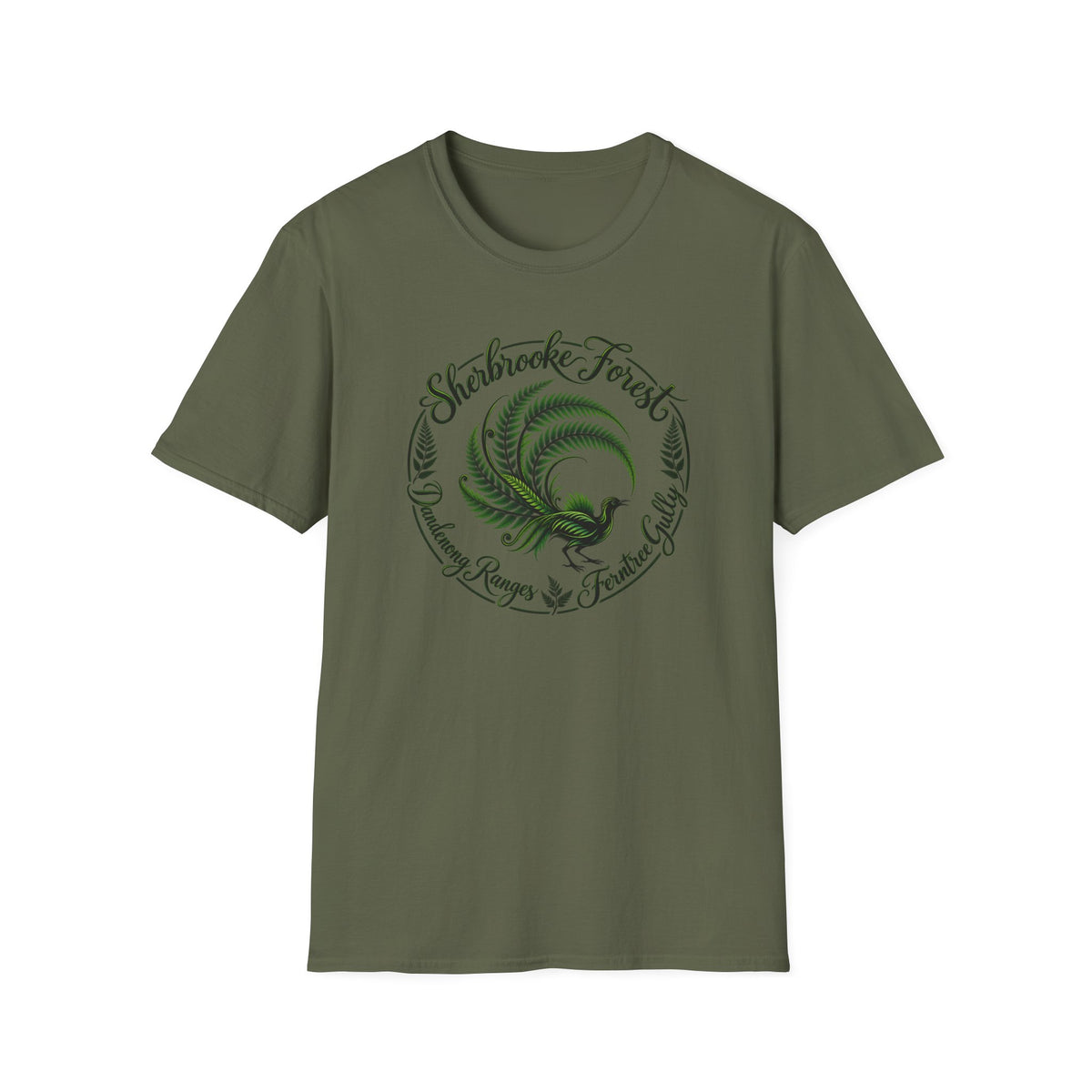 Sherbrooke Forest - Dandenong Rages - Ferntree Gully. Main feature Lyrebird Unisex Softstyle T-Shirt