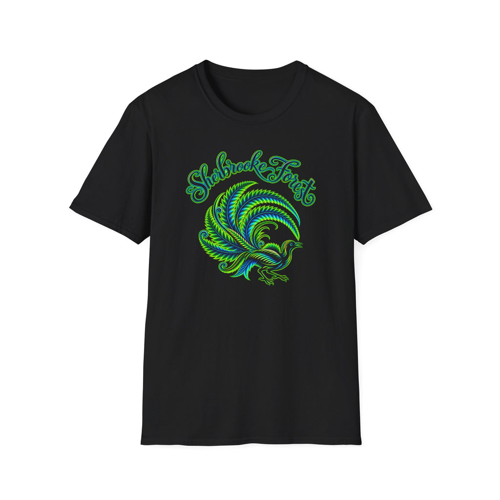 Sherbrooke Forest neon green and blue Lyrebird Unisex Softstyle T-Shirt
