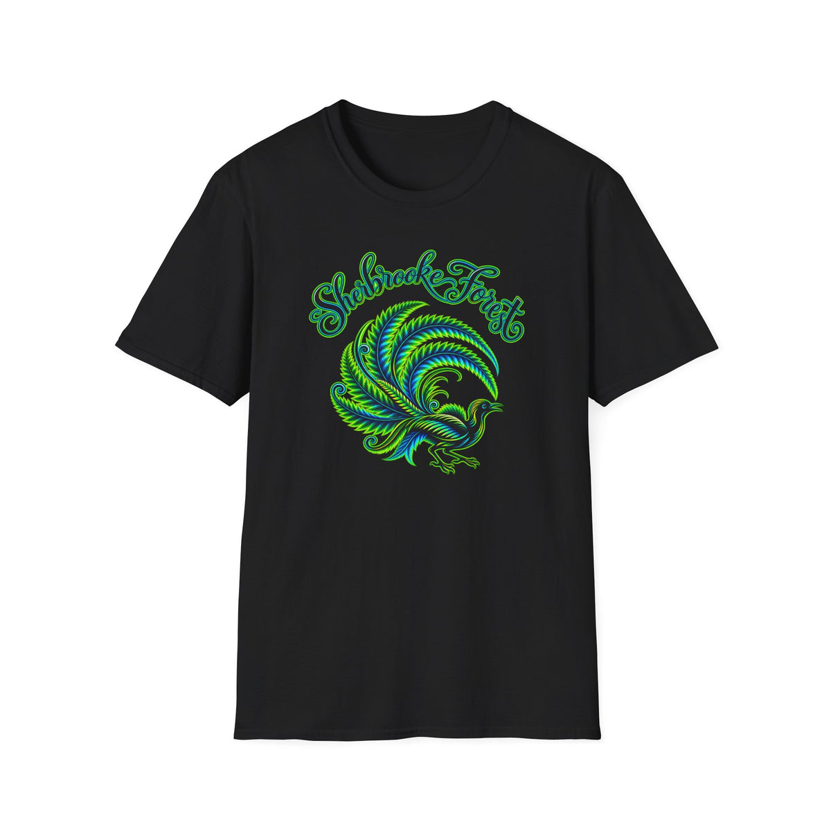 Sherbrooke Forest neon green and blue Lyrebird Unisex Softstyle T-Shirt