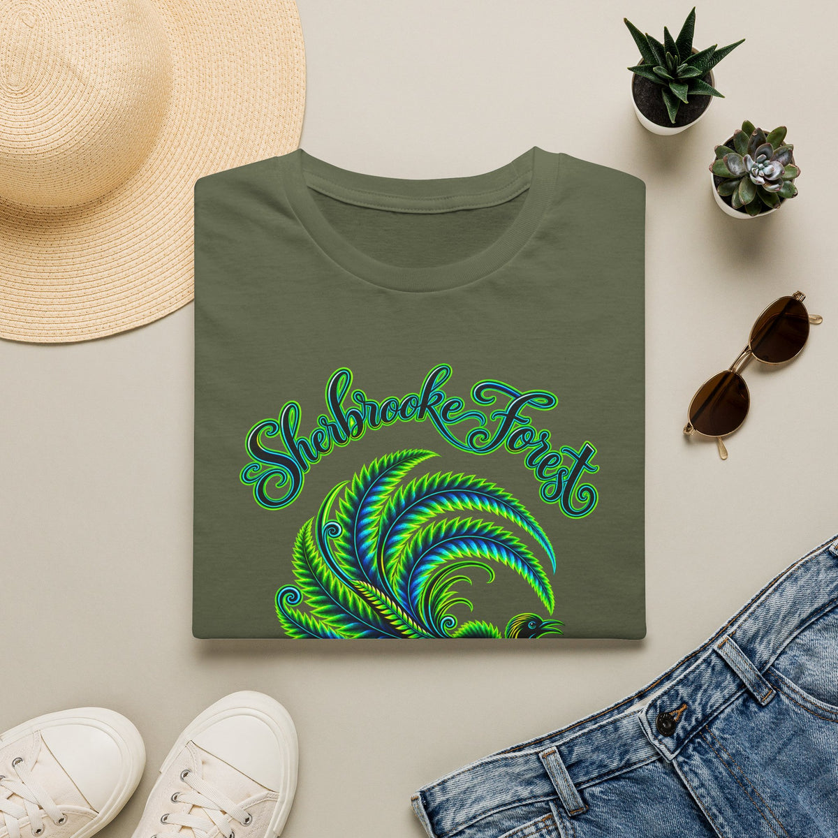 Sherbrooke Forest neon green and blue Lyrebird Unisex Softstyle T-Shirt