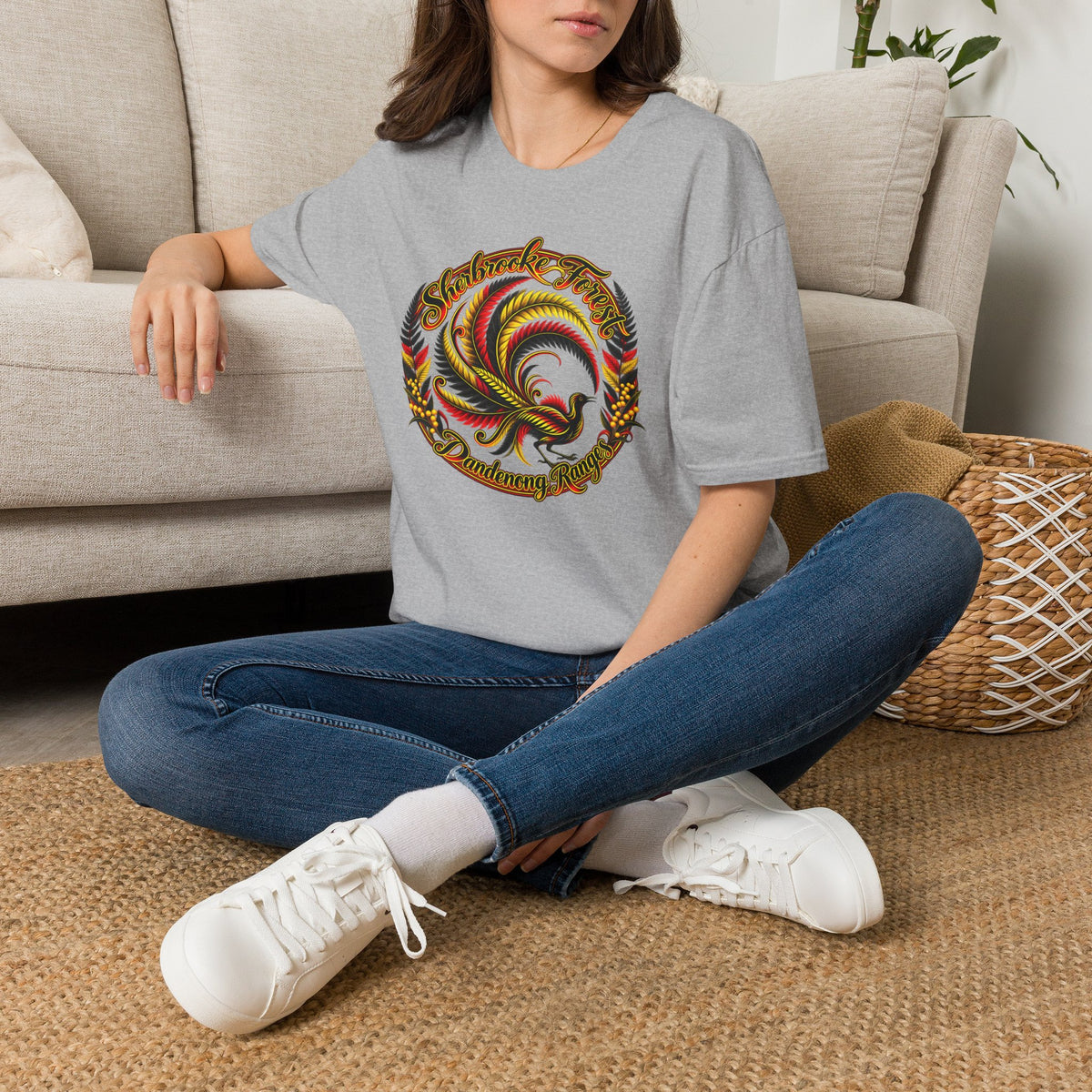 Sherbrooke Forest with Lyrebird and colors of the Indigenous flag - Unisex Softstyle T-Shirt