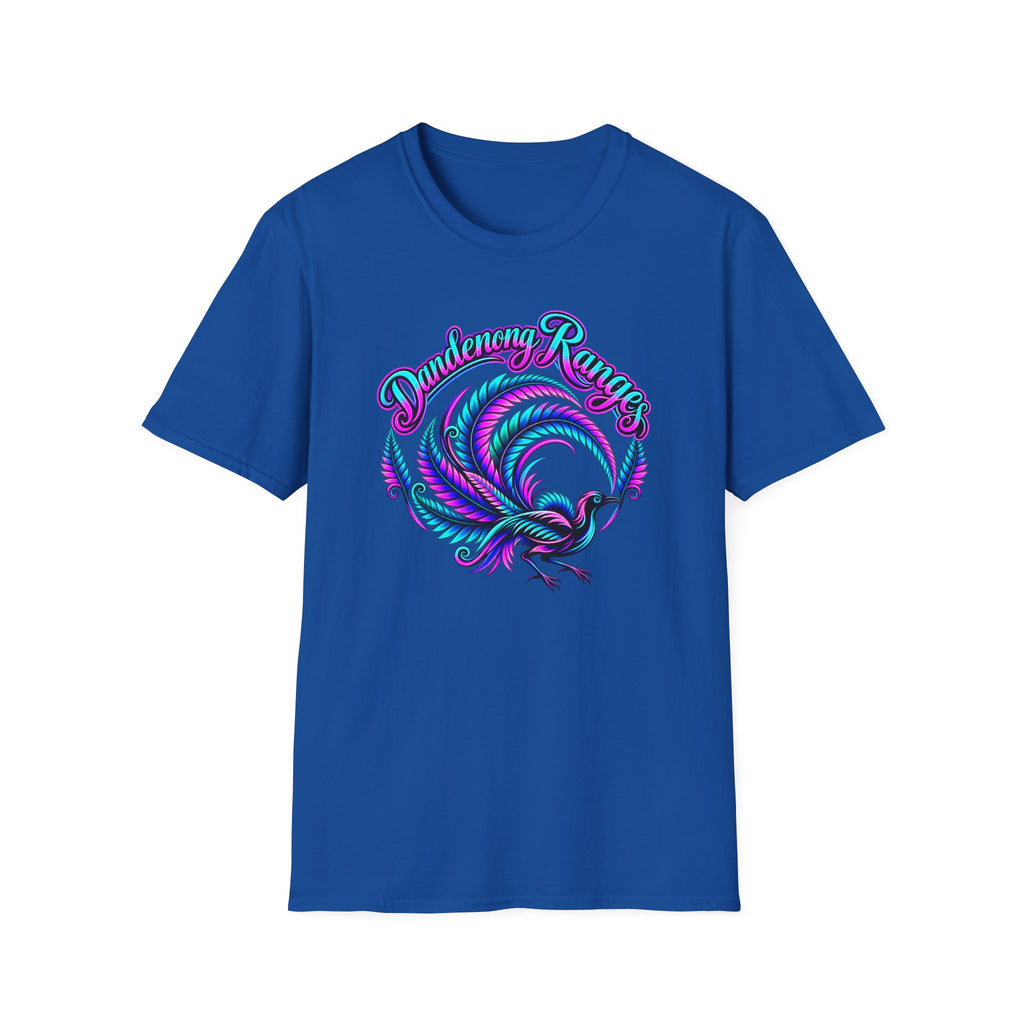 Dandenong Ranges Lyrebird in neon pink purple and aqua, Unisex Softstyle T-Shirt