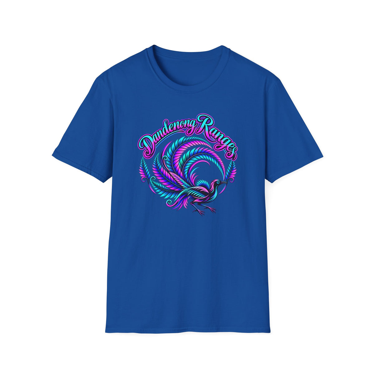Dandenong Ranges Lyrebird in neon pink purple and aqua, Unisex Softstyle T-Shirt