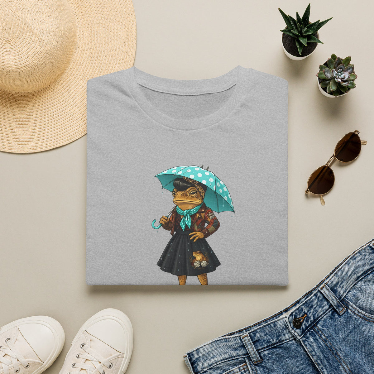 Rockabilly Toad lady, skirt and scarf with blue, white Polka dot umberella Unisex Softstyle T-Shirt