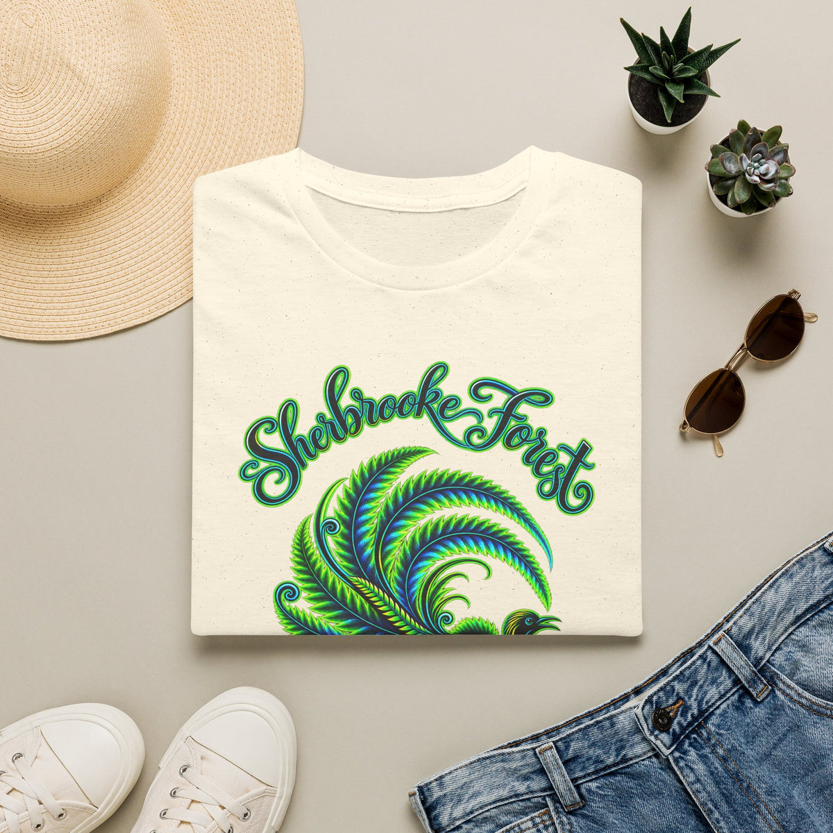 Sherbrooke Forest neon green and blue Lyrebird Unisex Softstyle T-Shirt