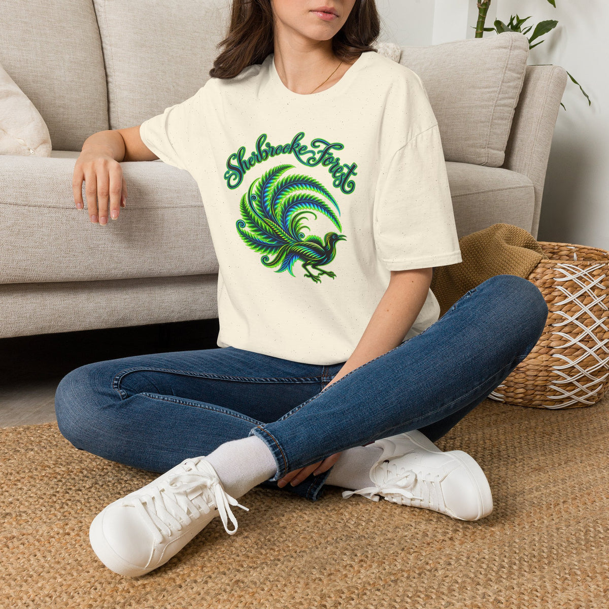 Sherbrooke Forest neon green and blue Lyrebird Unisex Softstyle T-Shirt