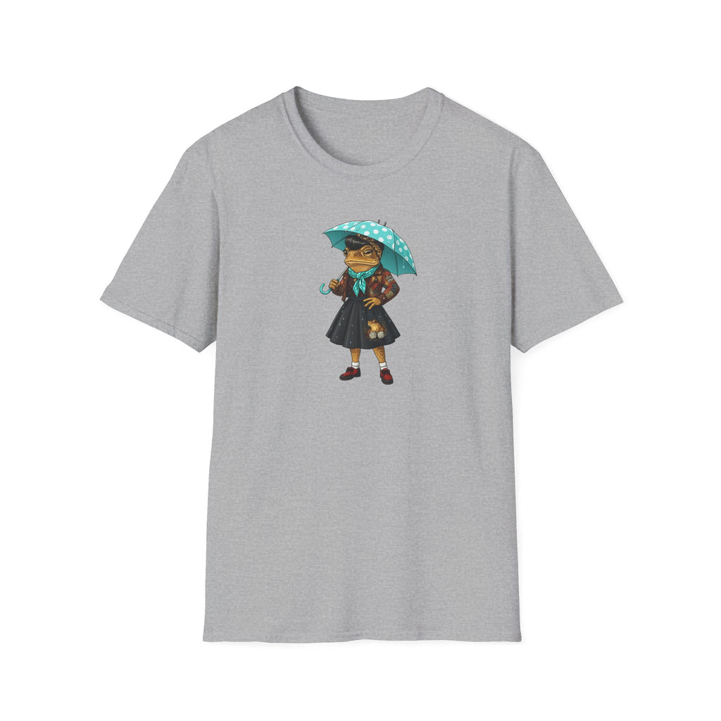 Rockabilly Toad lady, skirt and scarf with blue, white Polka dot umberella Unisex Softstyle T-Shirt