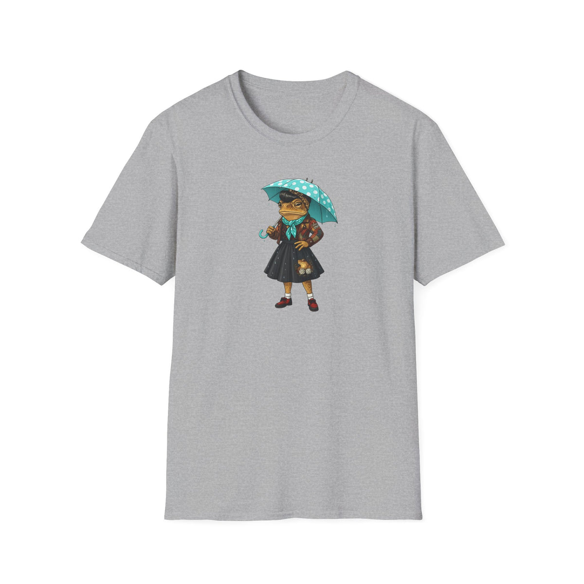 Rockabilly Toad lady, skirt and scarf with blue, white Polka dot umberella Unisex Softstyle T-Shirt
