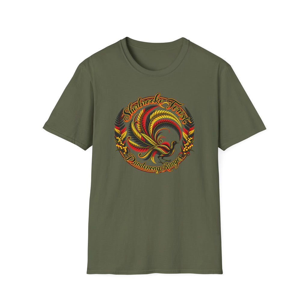 Sherbrooke Forest with Lyrebird and colors of the Indigenous flag - Unisex Softstyle T-Shirt