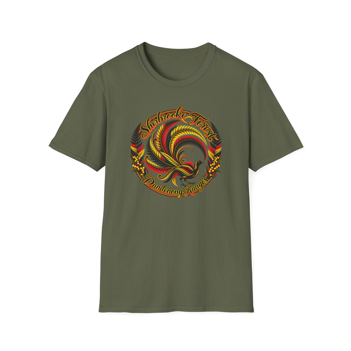 Sherbrooke Forest with Lyrebird and colors of the Indigenous flag - Unisex Softstyle T-Shirt