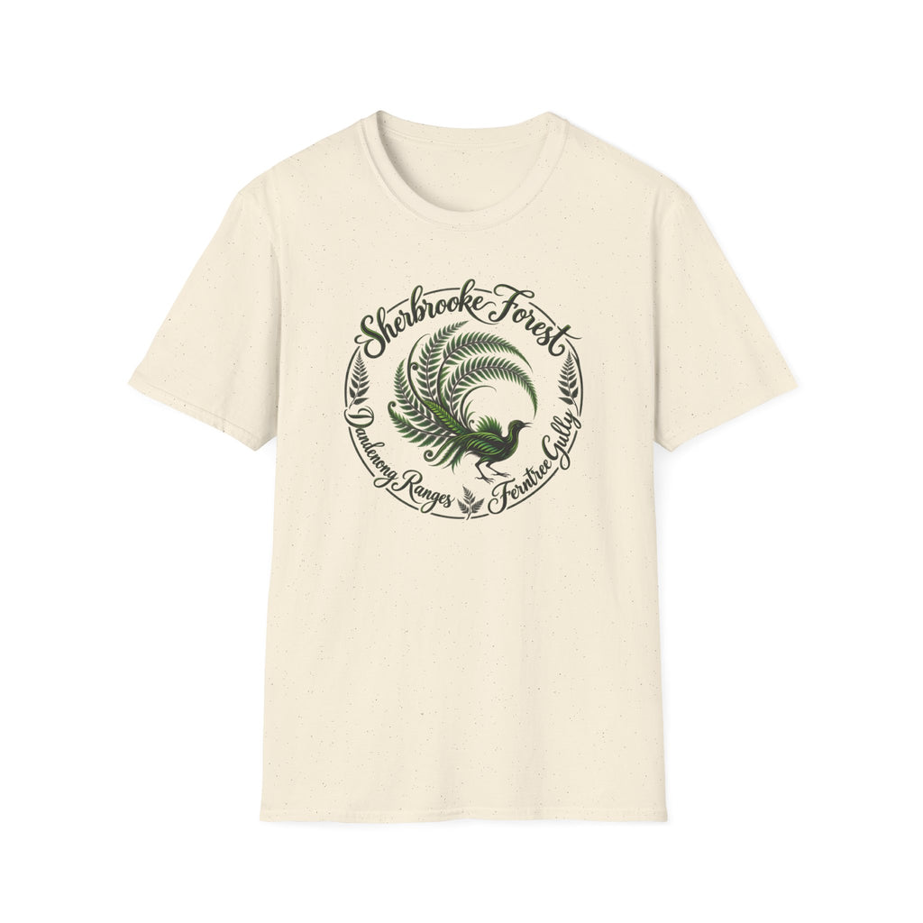 Sherbrooke Forest - Dandenong Rages - Ferntree Gully. Main feature Lyrebird Unisex Softstyle T-Shirt