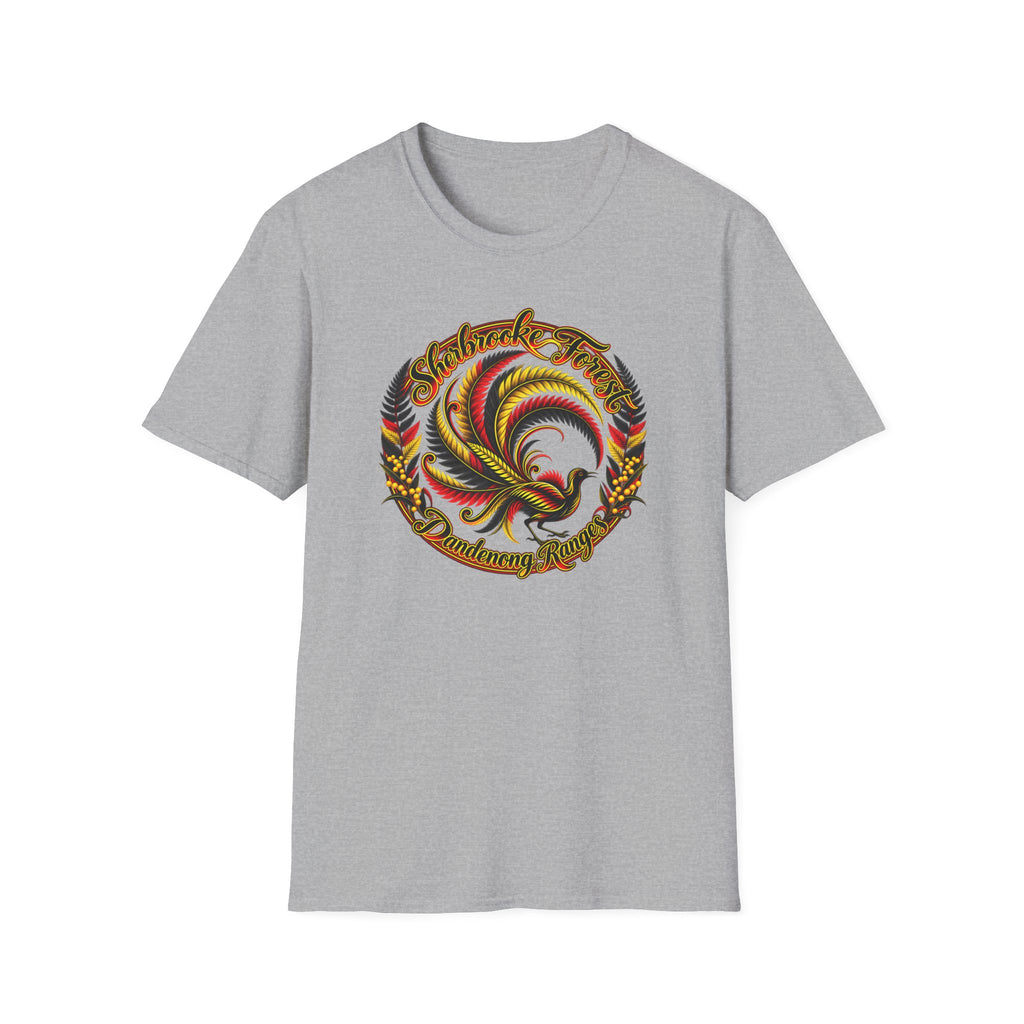 Sherbrooke Forest with Lyrebird and colors of the Indigenous flag - Unisex Softstyle T-Shirt
