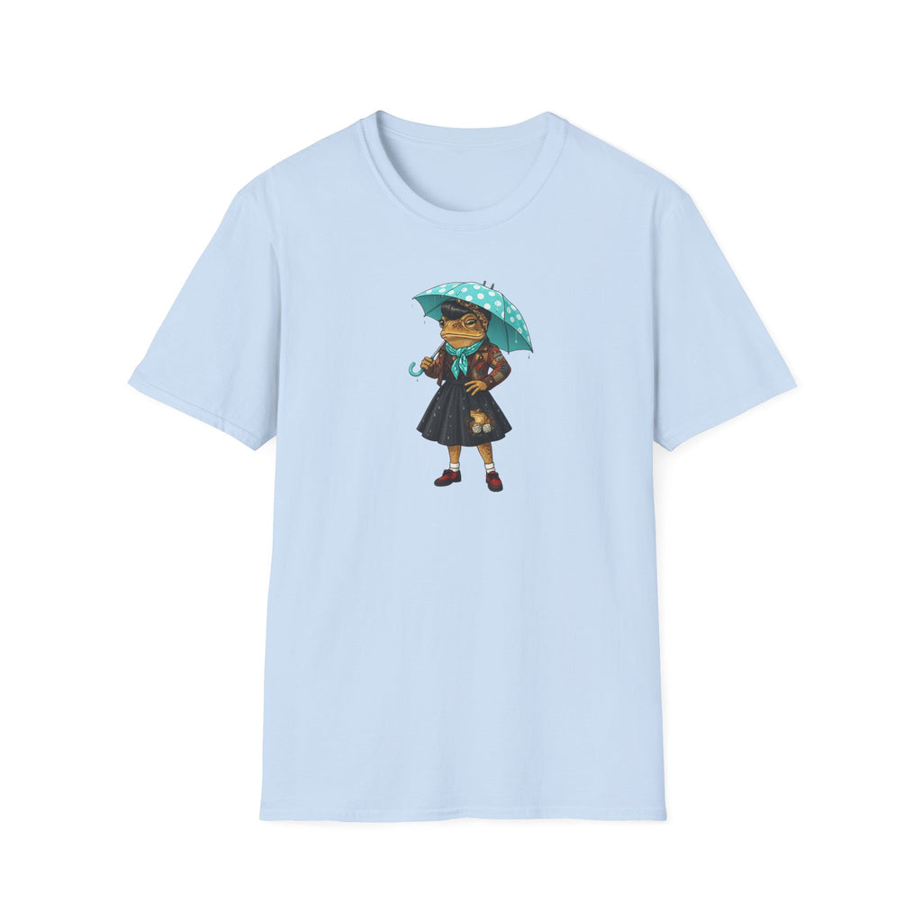 Rockabilly Toad lady, skirt and scarf with blue, white Polka dot umberella Unisex Softstyle T-Shirt