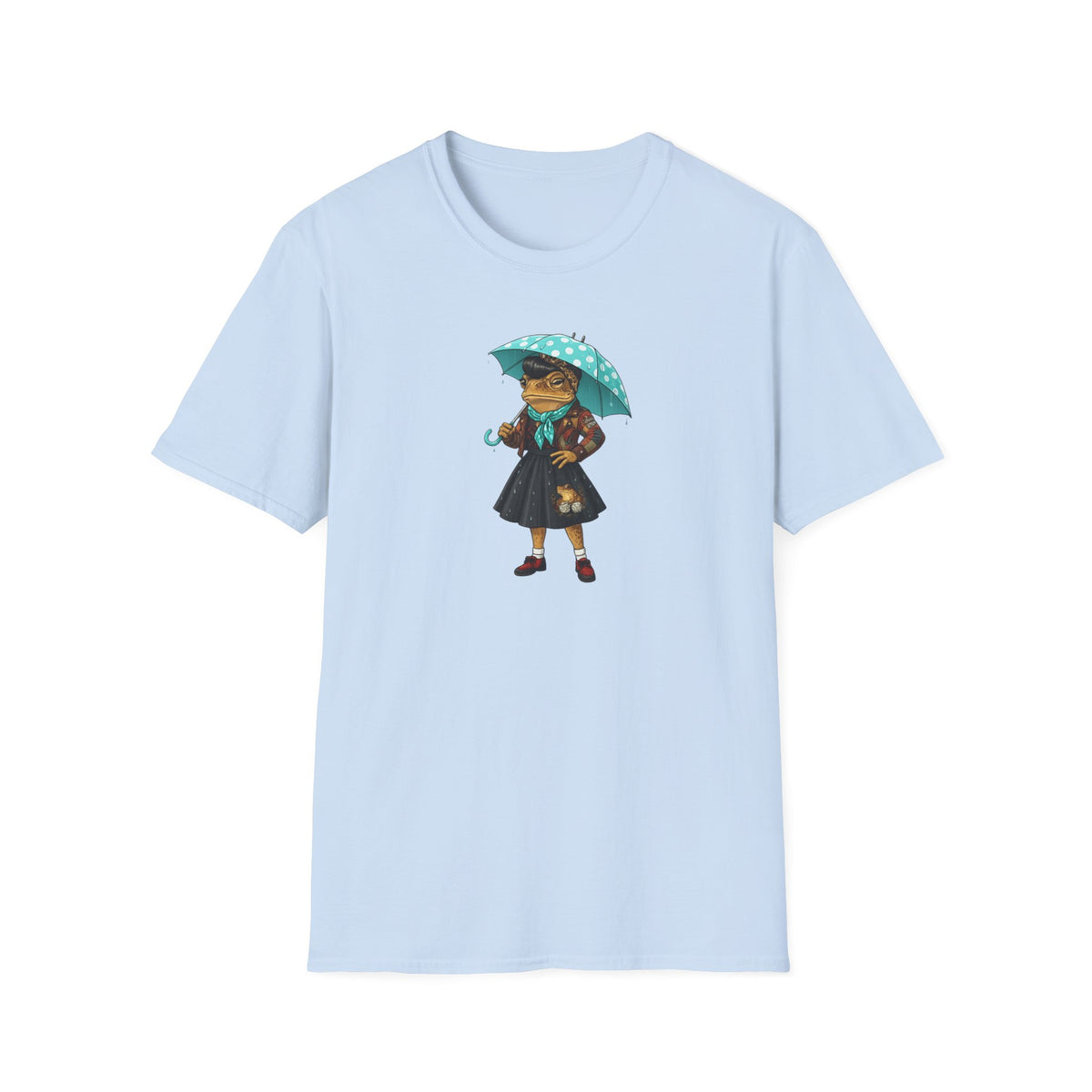 Rockabilly Toad lady, skirt and scarf with blue, white Polka dot umberella Unisex Softstyle T-Shirt