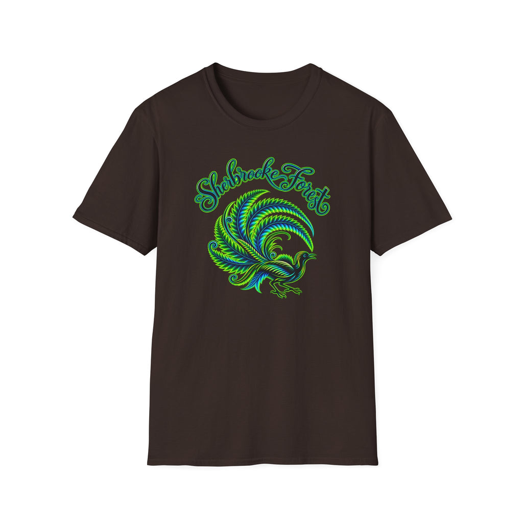 Sherbrooke Forest neon green and blue Lyrebird Unisex Softstyle T-Shirt