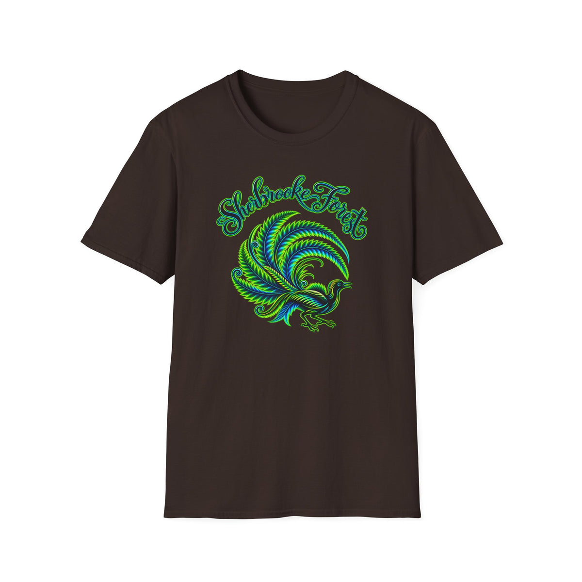 Sherbrooke Forest neon green and blue Lyrebird Unisex Softstyle T-Shirt