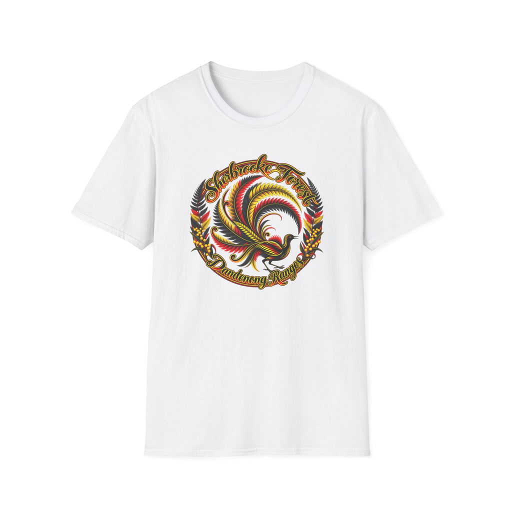 Sherbrooke Forest with Lyrebird and colors of the Indigenous flag - Unisex Softstyle T-Shirt