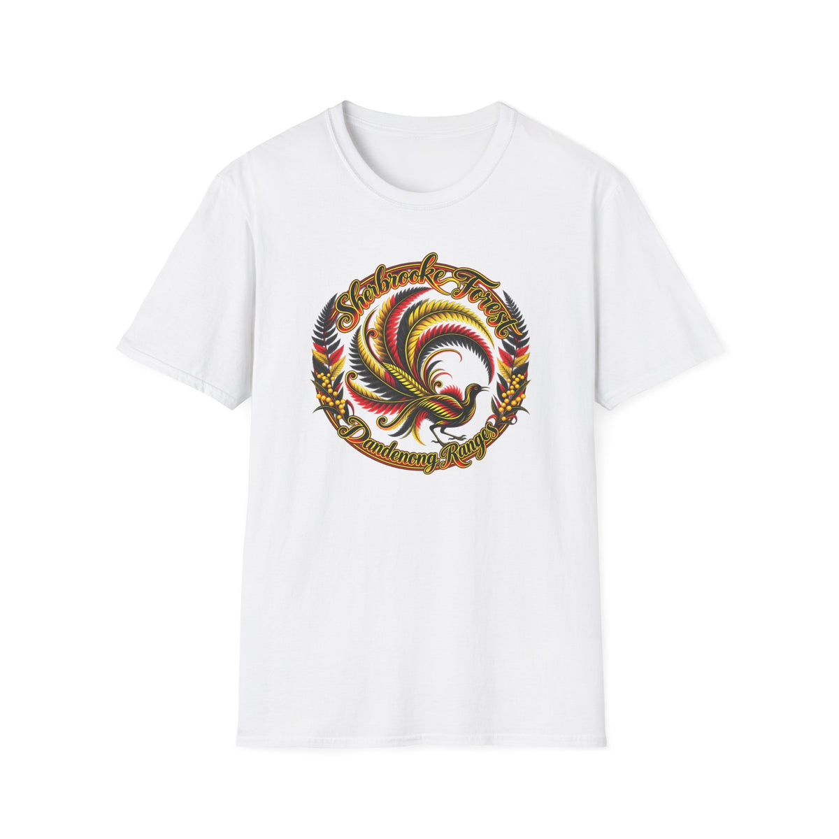 Sherbrooke Forest with Lyrebird and colors of the Indigenous flag - Unisex Softstyle T-Shirt