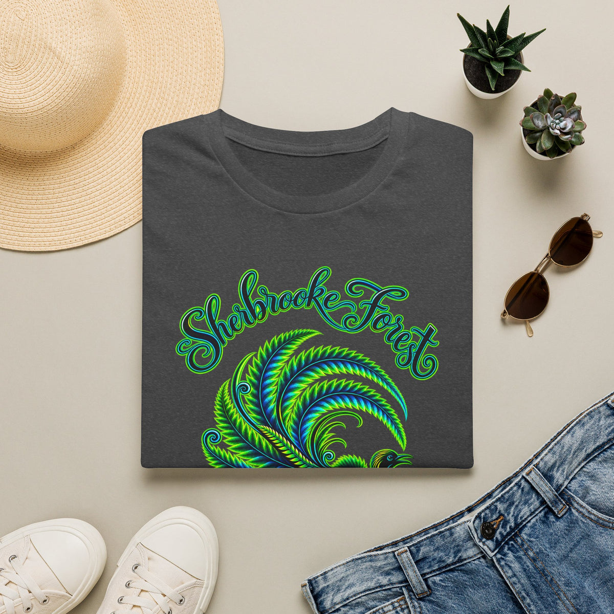 Sherbrooke Forest neon green and blue Lyrebird Unisex Softstyle T-Shirt