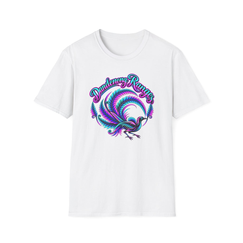 Dandenong Ranges Lyrebird in neon pink purple and aqua, Unisex Softstyle T-Shirt