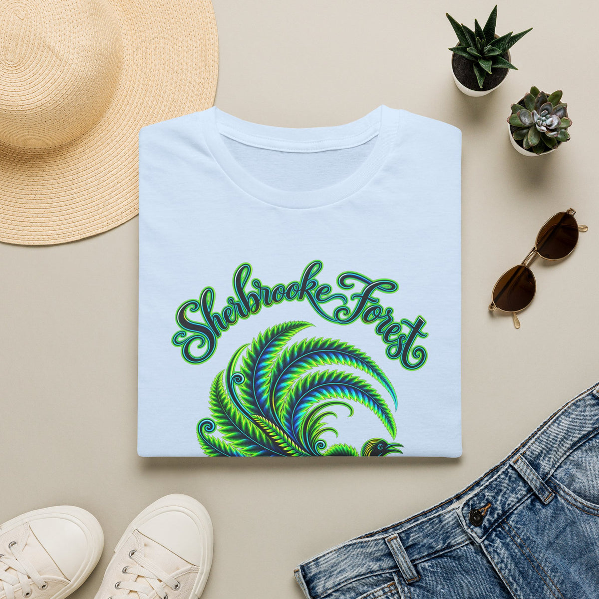 Sherbrooke Forest neon green and blue Lyrebird Unisex Softstyle T-Shirt
