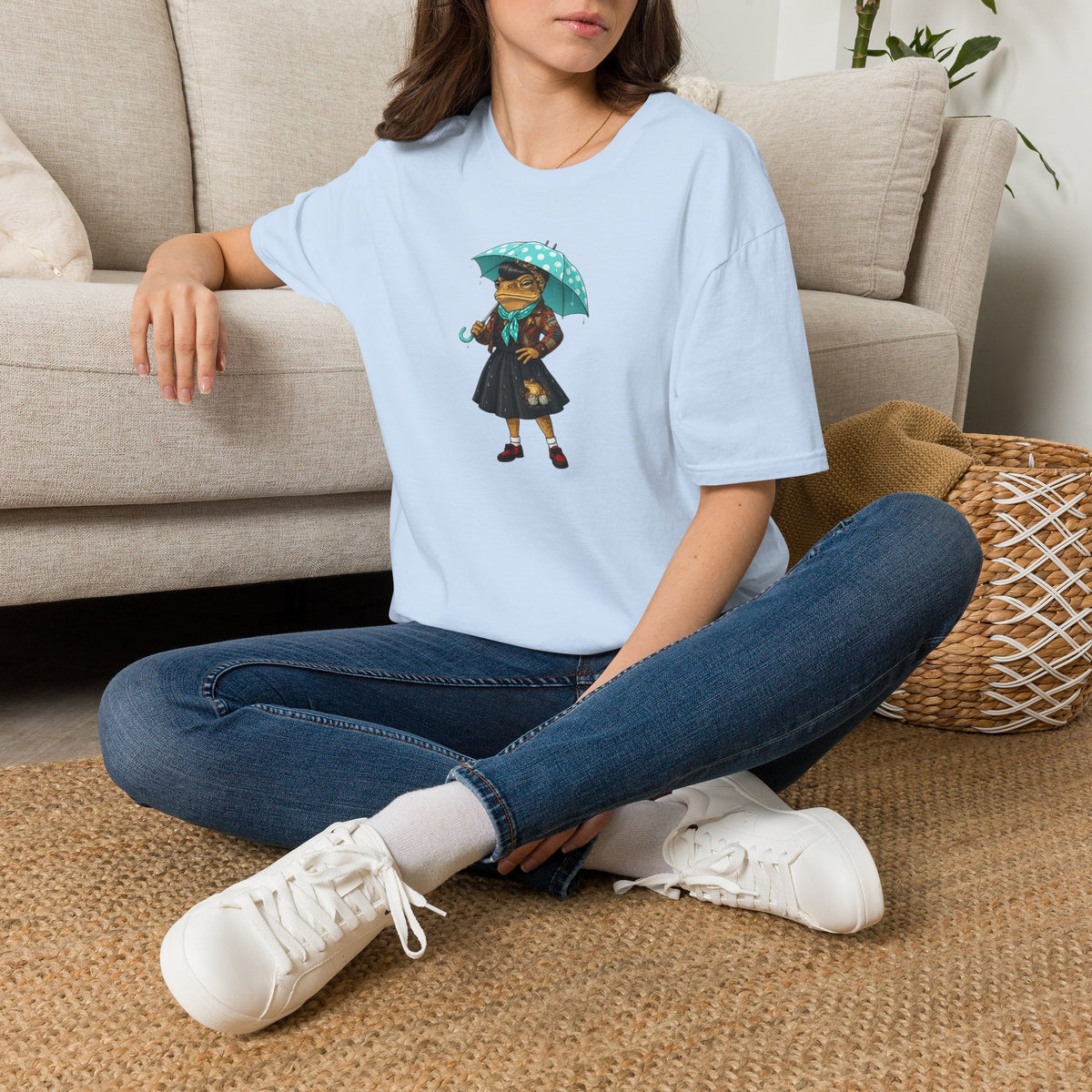 Rockabilly Toad lady, skirt and scarf with blue, white Polka dot umberella Unisex Softstyle T-Shirt
