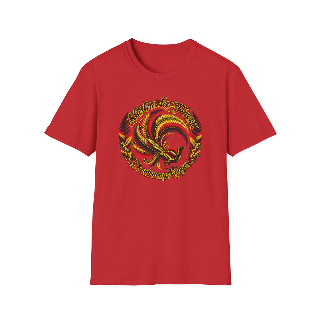 Sherbrooke Forest with Lyrebird and colors of the Indigenous flag - Unisex Softstyle T-Shirt