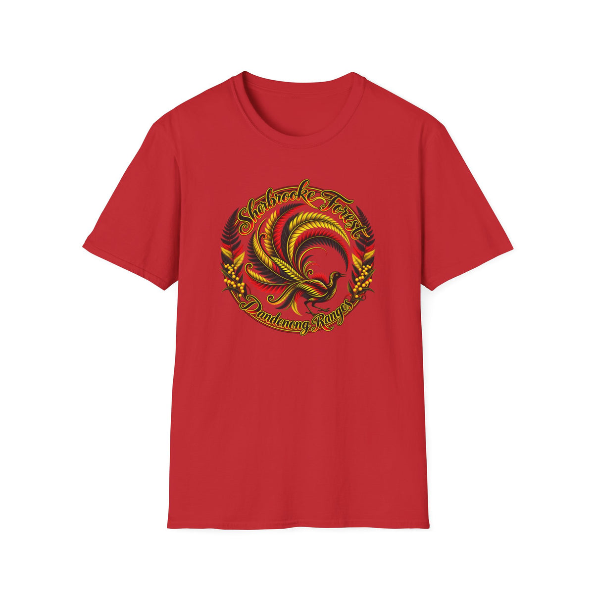 Sherbrooke Forest with Lyrebird and colors of the Indigenous flag - Unisex Softstyle T-Shirt