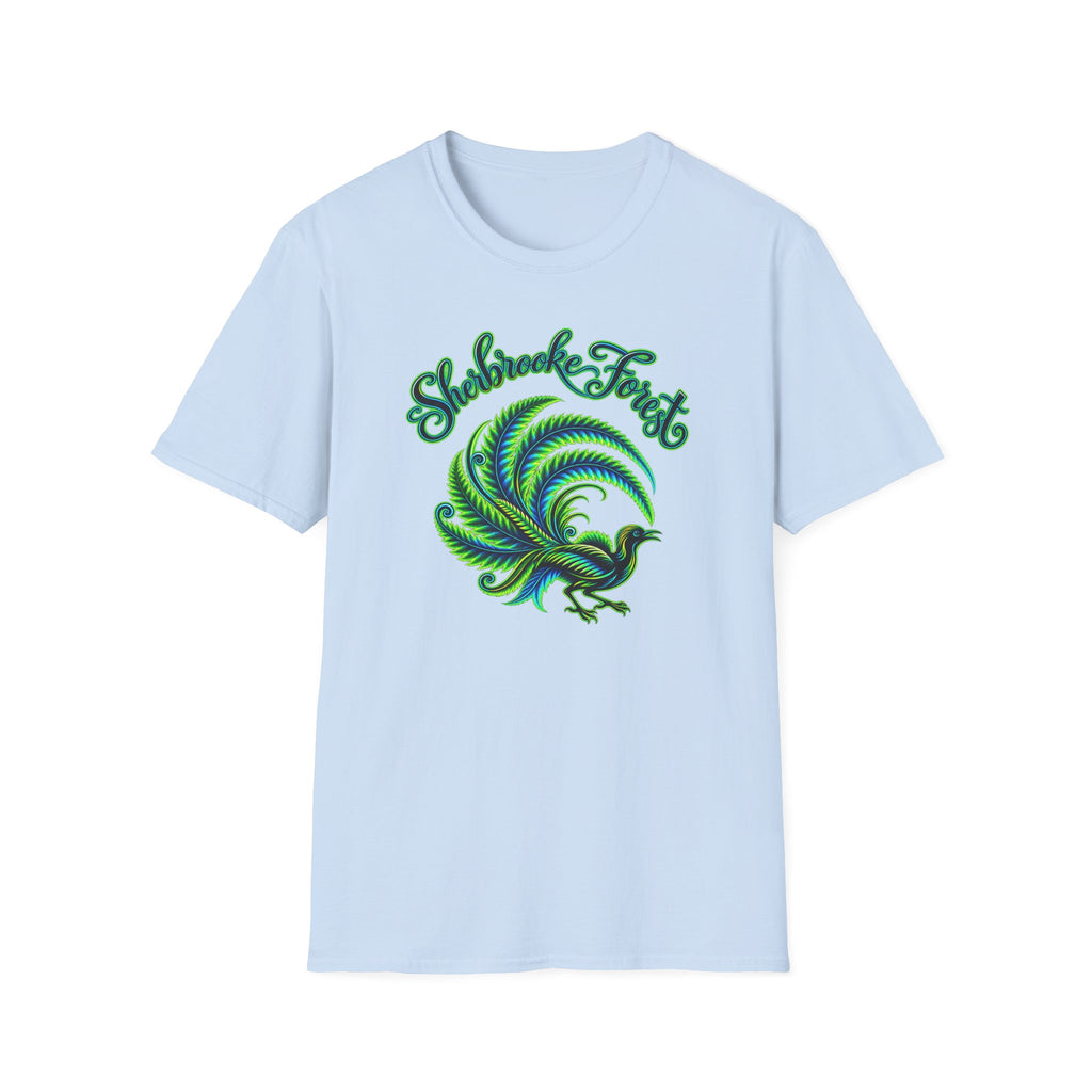 Sherbrooke Forest neon green and blue Lyrebird Unisex Softstyle T-Shirt
