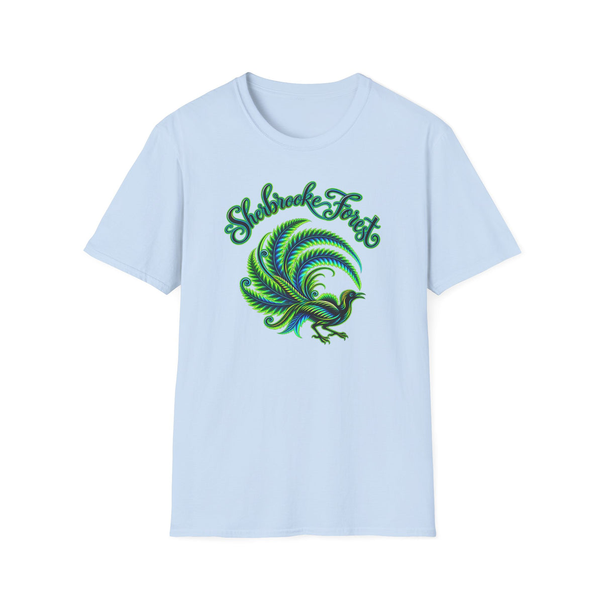 Sherbrooke Forest neon green and blue Lyrebird Unisex Softstyle T-Shirt