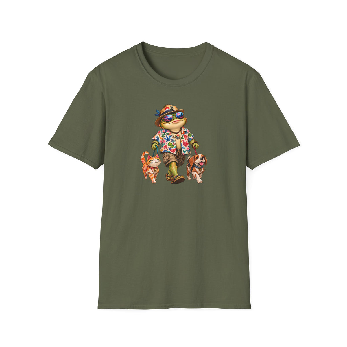Walking Toad with Origami Cat & Dog T-Shirt | Japanese Inspired Tee | Croaking Toad