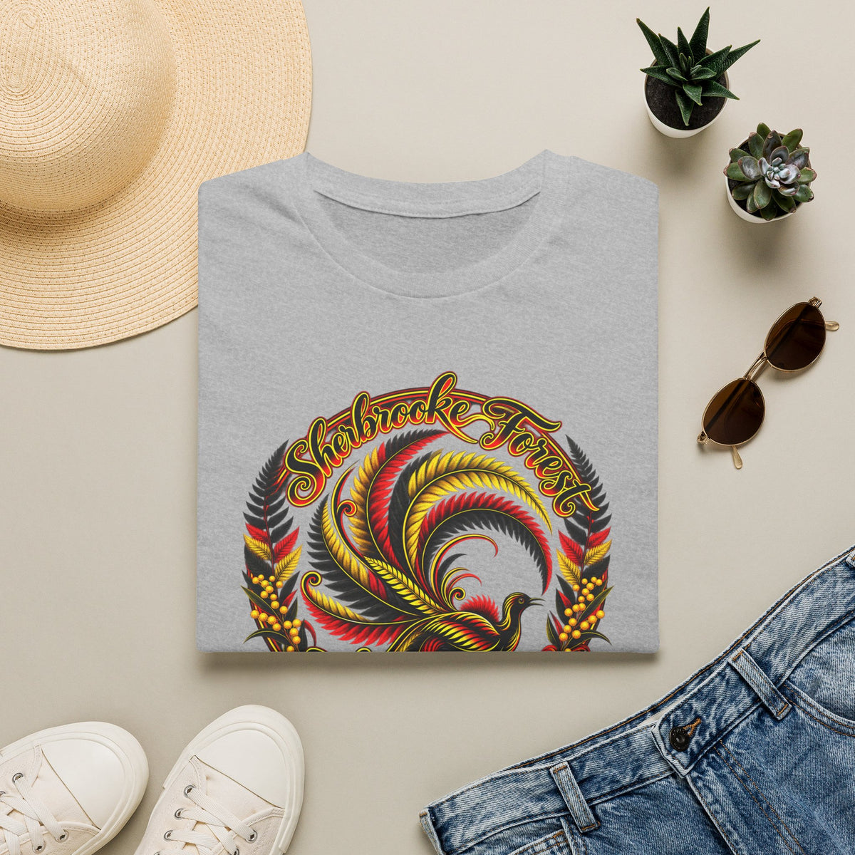 Sherbrooke Forest with Lyrebird and colors of the Indigenous flag - Unisex Softstyle T-Shirt