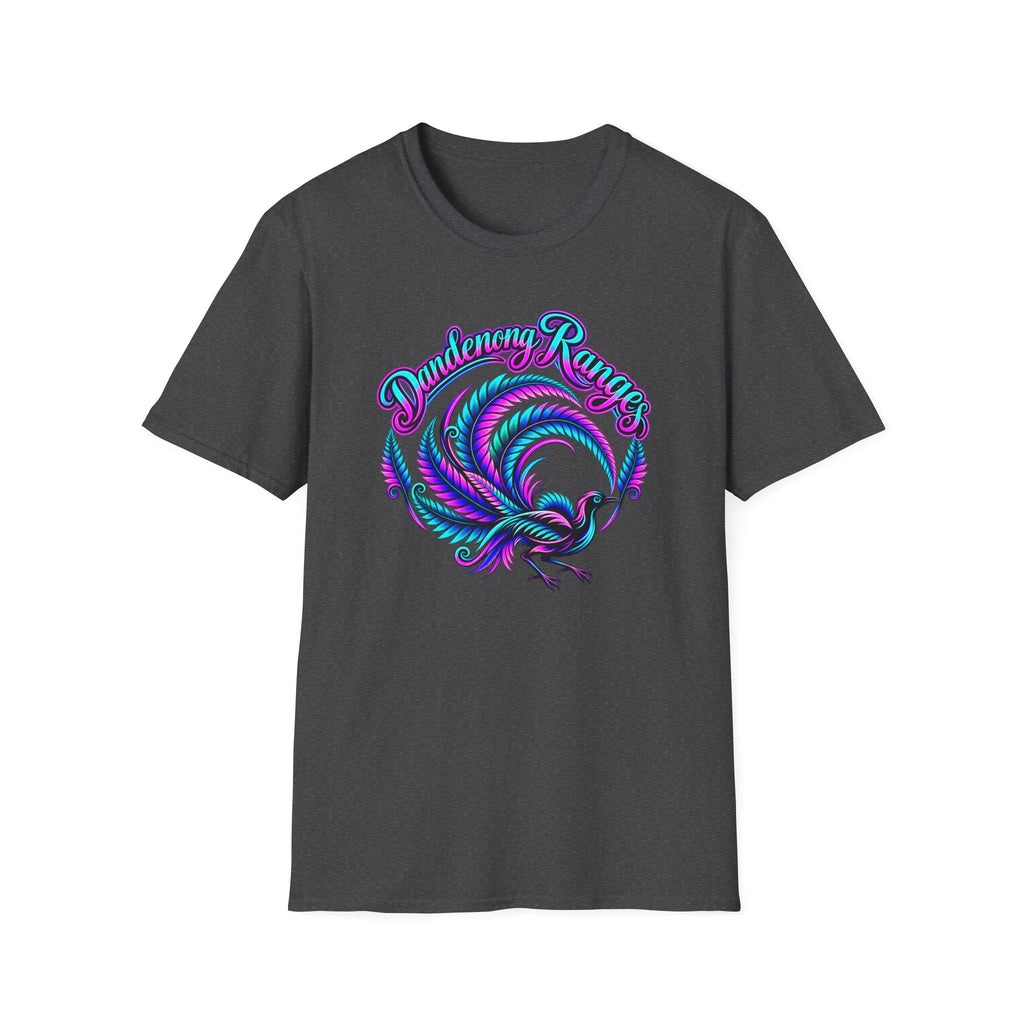 Dandenong Ranges Lyrebird in neon pink purple and aqua, Unisex Softstyle T-Shirt