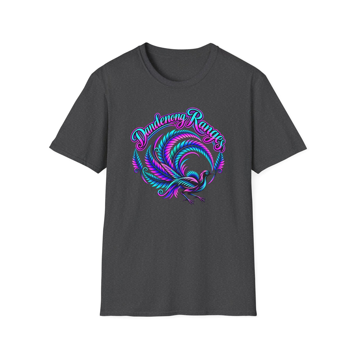 Dandenong Ranges Lyrebird in neon pink purple and aqua, Unisex Softstyle T-Shirt