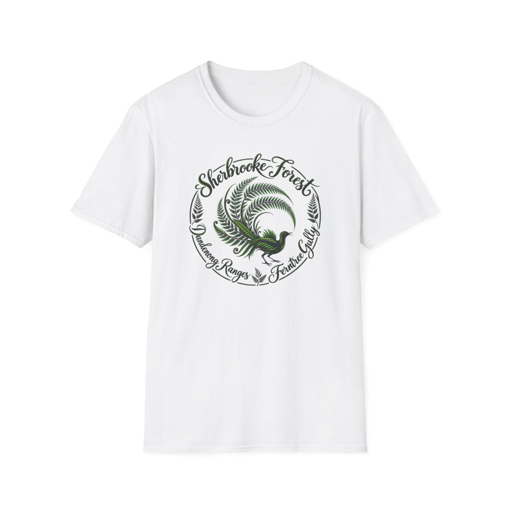 Sherbrooke Forest - Dandenong Rages - Ferntree Gully. Main feature Lyrebird Unisex Softstyle T-Shirt