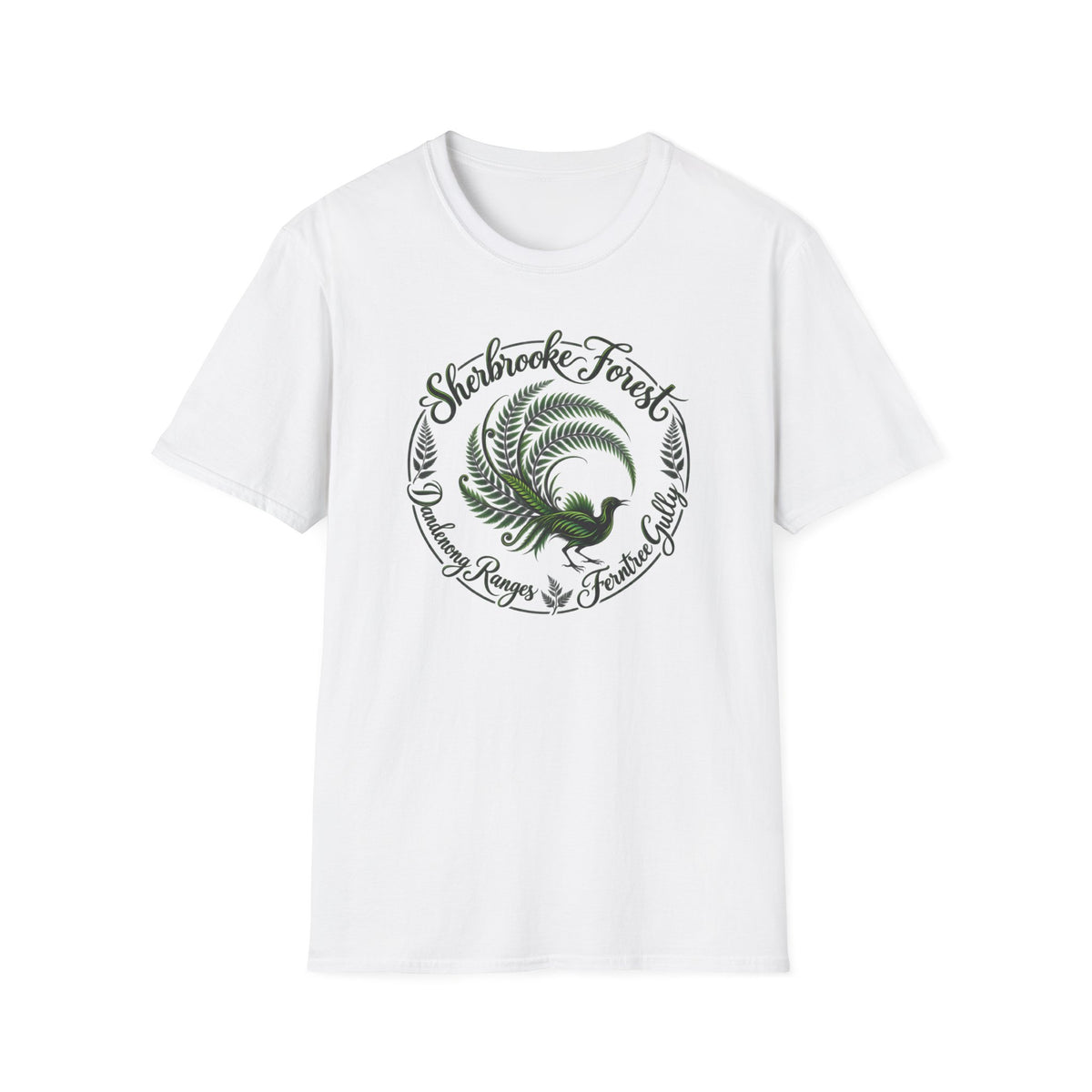 Sherbrooke Forest - Dandenong Rages - Ferntree Gully. Main feature Lyrebird Unisex Softstyle T-Shirt
