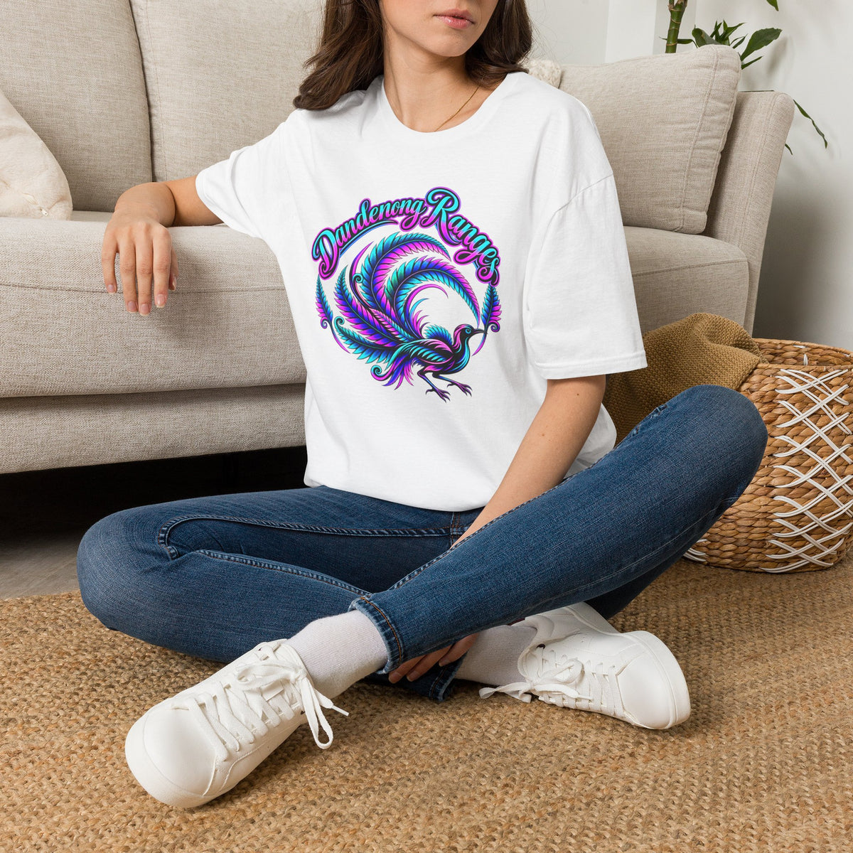 Dandenong Ranges Lyrebird in neon pink purple and aqua, Unisex Softstyle T-Shirt