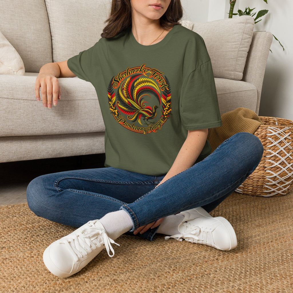 Sherbrooke Forest with Lyrebird and colors of the Indigenous flag - Unisex Softstyle T-Shirt