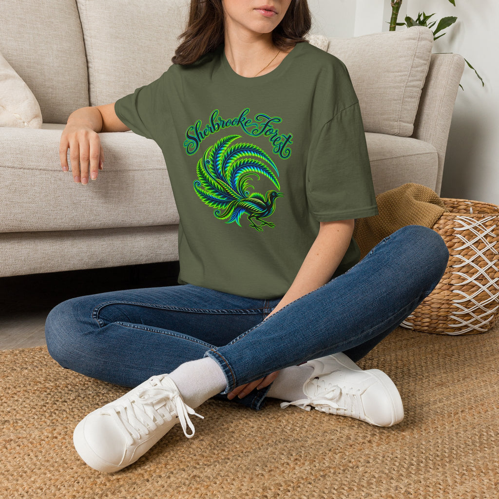 Sherbrooke Forest neon green and blue Lyrebird Unisex Softstyle T-Shirt