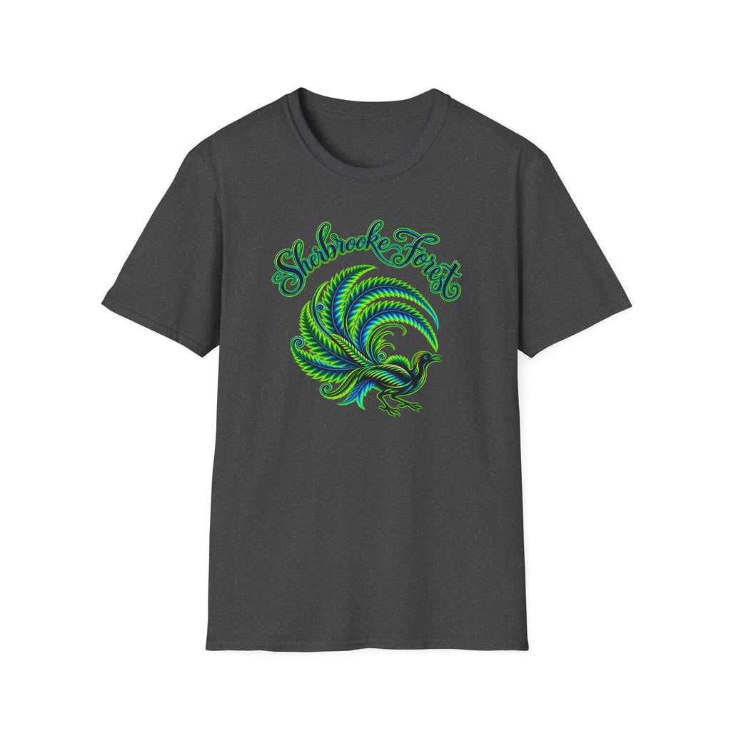 Sherbrooke Forest neon green and blue Lyrebird Unisex Softstyle T-Shirt