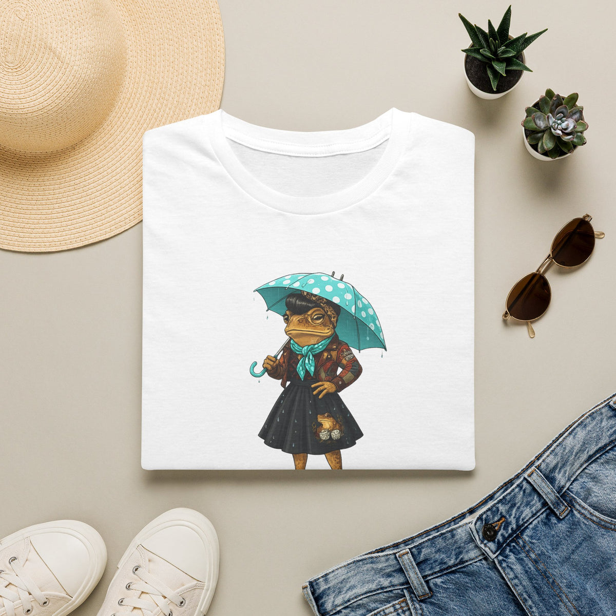 Rockabilly Toad lady, skirt and scarf with blue, white Polka dot umberella Unisex Softstyle T-Shirt