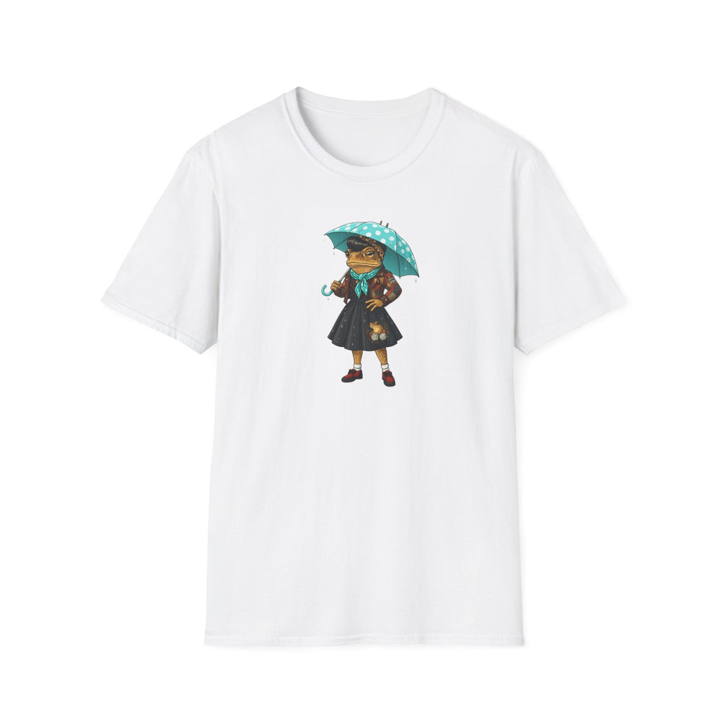 Rockabilly Toad lady, skirt and scarf with blue, white Polka dot umberella Unisex Softstyle T-Shirt
