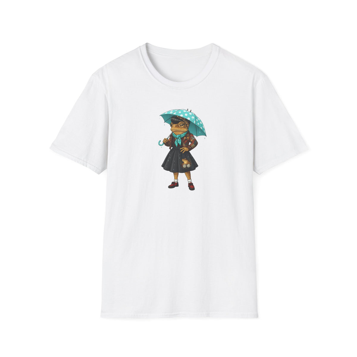 Rockabilly Toad lady, skirt and scarf with blue, white Polka dot umberella Unisex Softstyle T-Shirt